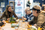 Helen talking to pensioners at Fusion in Park Wood, Maidstone