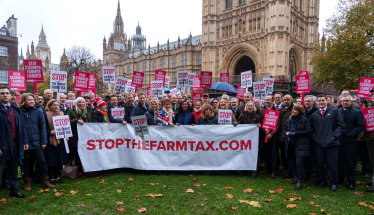 Conservative MPs in Parliament holding 'Stop the Family Farm Tax' banner.