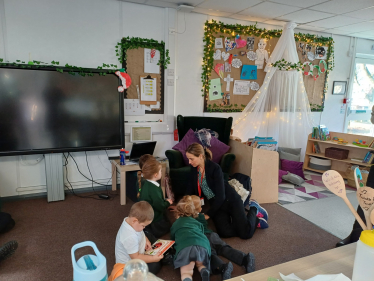 Speaking to children at Greenfields Primary School